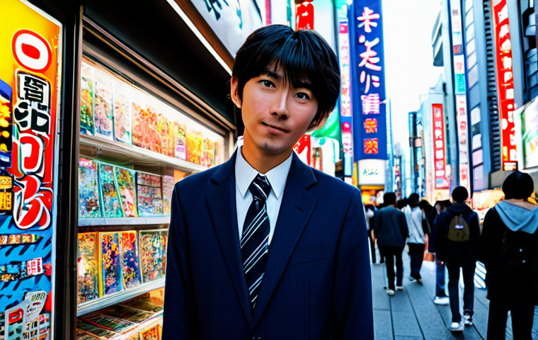 A focused professional collector, fully clothed in modest, stylish casual attire, stands amidst the vibrant, bustling streets of Akihabara, Tokyo. Multi-story shops with glowing neon signs fill the background, their intricate display windows showcasing countless detailed anime and game figures. The scene captures the energetic atmosphere of the area. Professional photography, high quality, perfect anatomy, correct proportions, natural pose, well-formed hands, proper finger count, natural body proportions, safe for work, appropriate content, fully clothed, family-friendly.