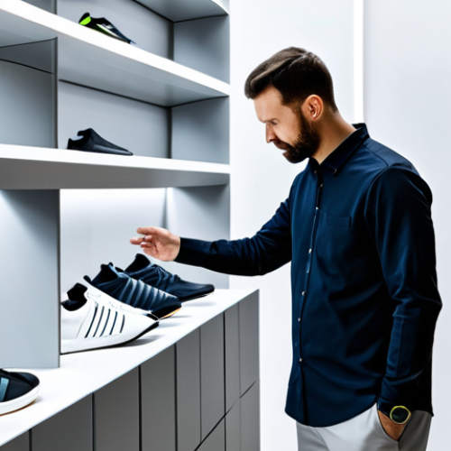 Home 6 A focused male collector, fully clothed in a professional, modest long-sleeved shirt and trousers, meticulously examining a rare pair of Adidas sneakers in a well-lit, minimalist display room. The sneakers are showcased on a clean, modern shelf, highlighting their intricate design. The atmosphere is quiet and contemplative, emphasizing the joy of discovery and acquisition. The subject has perfect anatomy, natural pose, and well-formed hands, appropriate content, safe for work, professional photography, high quality.